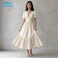 Robe longue décontractée pour femme en coton et lin respirant, col en V sexy, manches courtes lanternes, taille haute, coupe évasée, Fabricant OEM