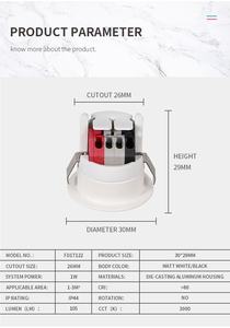 Anti Glare Downlight <b>Led</b> Recessed 1w Round 30mm Recessed Surface IP44 <b>Led</b> <b>Mini</b> Spot <b>Light</b> 1w - Product Image 6
