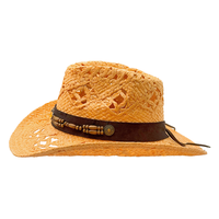 Chapeau de cowboy creux aspect paille, style Panama, protection solaire, orné de perles en bois et de pierres précieuses, pour adultes, idéal pour les festivals