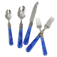 Lot de 5 couverts en acier inoxydable miroir, couteau, fourchette, cuillère, style européen vintage, manche en acrylique, réutilisables, compatibles lave-vaisselle