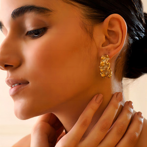 <b>Cuff</b> <b>Earrings</b> 18K Gold Stainless Steel Pleated Texture Irregular C Shape Fashion Jewelry for Women - Product Image 3