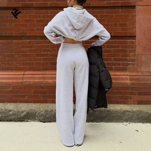 Completo da donna 2 pezzi: <span class=keywords><strong>Felpa</strong></span> con cappuccio corta con zip e pantaloni a vita alta a gamba larga, tuta casual streetwear <span class=keywords><strong>grigia</strong></span>, set loungewear - Product Image 2