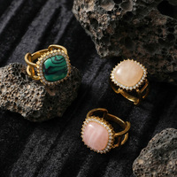 Bague XY 4866 vintage en acier inoxydable, double couche, creuse et massive, avec texture carrée, pierre naturelle et bordure en zircon