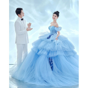 Blue Tulle Ball Gown Wedding Dress Sweetheart Neckline Empire Waistline For Indoor Photo Studio Shooting - Product Image 2