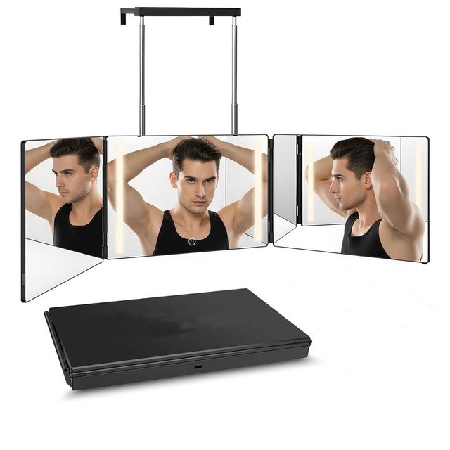 Three Way Trifold Hair-Cutting Makeup Mirror Hang on Wall/Door DIY Self Cut 360 Degree Rotation Shaving and Self-Shaping Tool