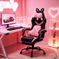 Chaise de jeu ergonomique avec oreilles de chat mignonnes, coussin à ressorts ensachés, massage lombaire, chaise d'ordinateur en cuir bleu et blanc pour filles et adultes