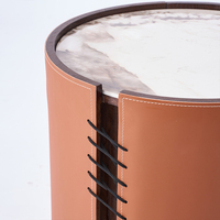 Mesa de Centro Redonda Moderna con Tapa de Mármol y Base de Acero Inoxidable Recubierta de Cuero, Mueble de Lujo para Sala de Estar con Almacenamiento