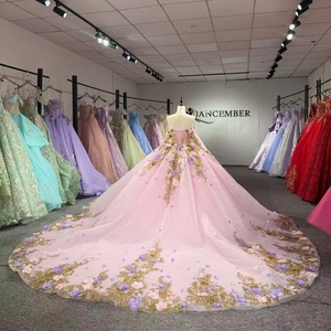 5898 Beaded Sweetheart Pale Pink Tulle Princess Gown Gold <b>Applique</b> Bodice 3D Flower Skirt For Birthday Celebration - Product Image 3