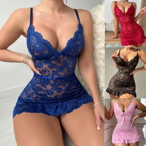 Vestido Babydoll Sexy Transparente de Encaje, Camisón Seductor con Tanga, Vestido Ajustado de Dos Piezas con Volantes en el Bajo, Lencería Erótica - Product Image 1