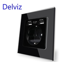 Delviz – port de charge européen 5V 2a, panneau en verre cristal trempé, prise électrique, prise d'alimentation 16a, prise USB murale standard ue