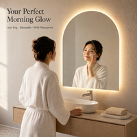 Miroir de salle de bain LED rétroéclairé sans cadre, arqué, anti-buée, à intensité variable 3000K-6000K, étanche IP44, mural, intelligent