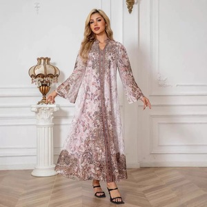 Abaya Modesta de Poliéster 2026, Vestido Largo <span class=keywords><strong>para</strong></span> <span class=keywords><strong>Mujer</strong></span>, Tela Bordada con Estampado Floral y Pedrería, Largo hasta el Tobillo, <span class=keywords><strong>Ropa</strong></span> Musulmana - Product Image 3