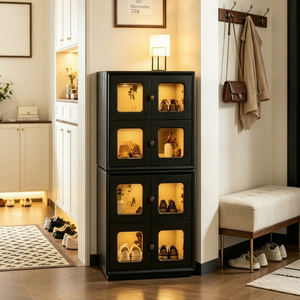 Modern Black Stackable Cabinet with Glass Doors and Internal Lighting for Entryway <b>Storage</b> - Product Image 1