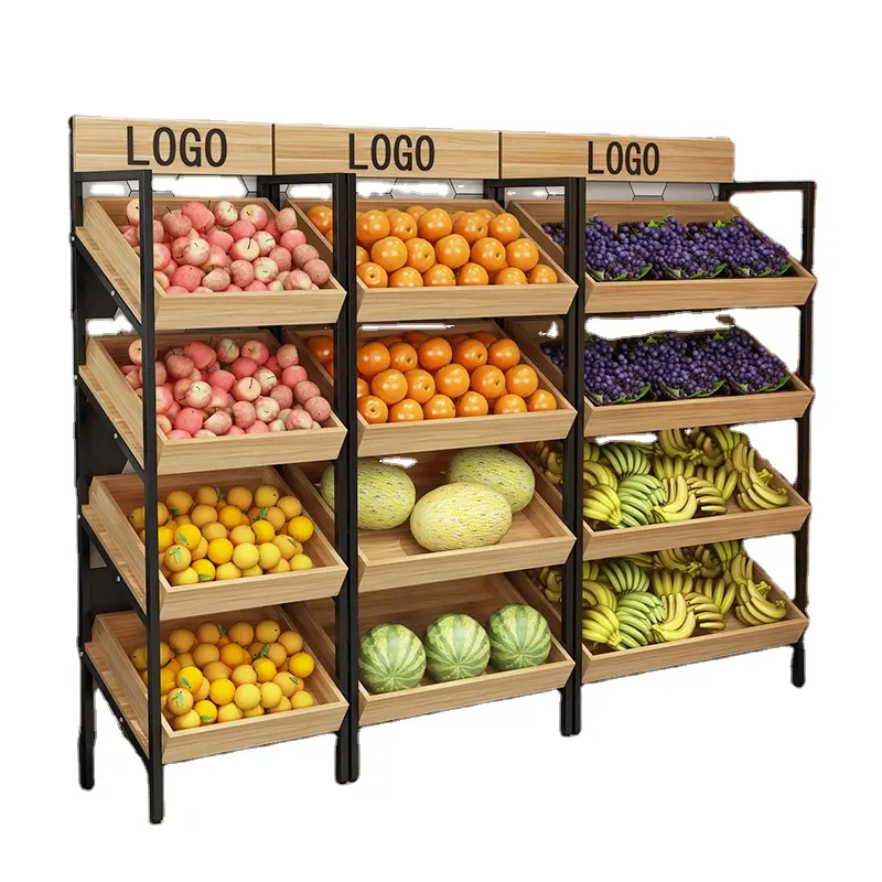 Fruit En Groente Display Rek Stand Light Duty Aangepaste Moderne Groente En Fruit Rack Fabriek Prijs 4 Tier Houten Hongran