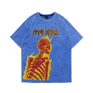 Camiseta de Algodón Oversize con Lavado Ácido Personalizada OEM, Estampado DTF, Gráfico de Esqueleto, Estilo Urbano Vintage, Venta al por Mayor Unisex B2B - Product Image 1