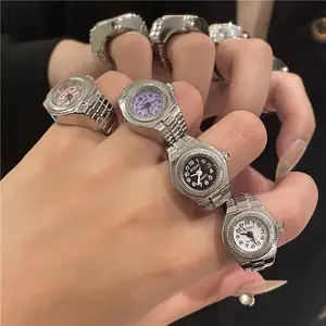 Mini Punk Round Quartz Finger Watches Set Reloj de anillo ajustable para mujeres y hombres