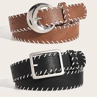 Ceinture vintage en similicuir PU pour femme, avec surpiqûres contrastées et bords cousus main, style western bohème, pour jeans