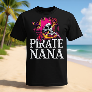 Camiseta Pirate Nana Grandma con diseño de espada y calavera rosa, cuello redondo negro, talla para adulto - Product Image 3