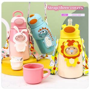 زجاجة ماء جديدة للأطفال بتصميم كرتوني لطيف مع جدار مزدوج وقش، مصنوعة من الفولاذ المقاوم للصدأ - Product Image 3
