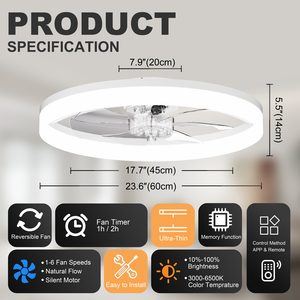Ultra-Thin WHITE <b>Ceiling</b> Fan <b>Light</b> with <b>Remote</b> & App <b>Control</b> – 23.6'' Modern Flush Mount Fan Lamp, 6 Fan Speeds for bedroom - Product Image 6
