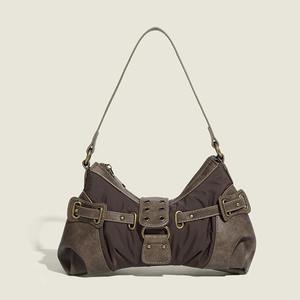 Retro style <b>patchwork</b> shoulder <b>bag</b> Metal buckle underarm <b>bag</b> Large capacity fashionable women's <b>bag</b> - Product Image 1