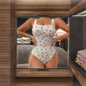Cherry Print Seamless <b>Shapewear</b> Women Medium Control Ribbed Nylon Spandex Waist Trainer Hip Lifter Daily Wear - Product Image 3