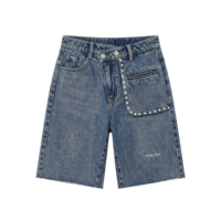 Anjie OEM ODM Shorts en jean pour femme, coupe Bermuda, délavé effet neige, avec bordure en perles, ourlet brut, broderie de poche, marque privée, vente en gros