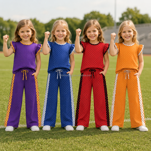 Ensemble deux pièces à manches volantées pour filles 2026, motif à pois, col rond, fabrication en gros sous marque privée - Product Image 3