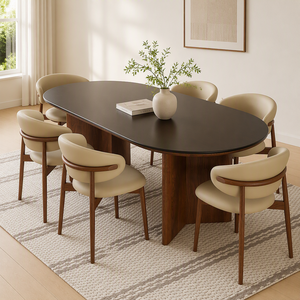 Set Tavolo da Pranzo Ovale <span class=keywords><strong>in</strong></span> Legno Massello e Sedie Stile Mid-Century Moderno di Lusso, Design <span class=keywords><strong>in</strong></span> Travertino, 4-6 Posti, Assemblato - Product Image 5