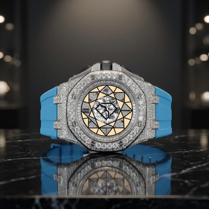 Montre de luxe personnalisée écologique en acier inoxydable avec cadran turquoise, mouvement à quartz analogique, bracelet entièrement serti de pierres, unisexe - Product Image 1