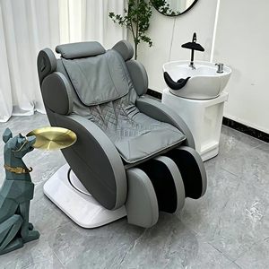 Fauteuil de lavage électrique rotatif pour salon, lit de massage en cuir PU gris foncé, mobilier de salon de coiffure - Product Image 1
