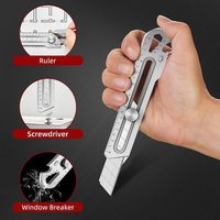 Couteau utilitaire 6 en 1 en acier inoxydable avec conception de rupture de queue Lame de 18mm Règle de coupe-boîte rétractable multifonction Ouvre-bouteille
