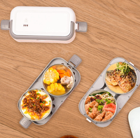 Kotak makan elektrik Dual Tier, kotak makan siang elektrik penghangat makanan Stainless Steel penghangat 2 kompartemen