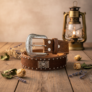 Cinturón de Cuero Genuino de Grano Completo con Hebilla de Aleación Repujada de <span class=keywords><strong>Vaquero</strong></span> Occidental de Lujo Vintage y Tachuelas de Pelo de Caballo para <span class=keywords><strong>Hombre</strong></span> - Product Image 4