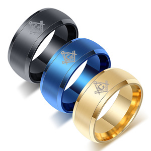 Anillo Masónico de Titanio con Logotipo Láser de 8mm, Joyería para Hombre, Regalo en Azul, Negro y Dorado - Product Image 1