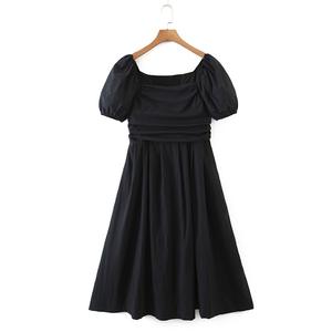Vestido de Cóctel Negro de Algodón Talla Grande N8390, Cuello Cuadrado, Mangas Abullonadas, Cintura Imperio, Estilo Simple, Vestido Largo para Mujer - Product Image 1