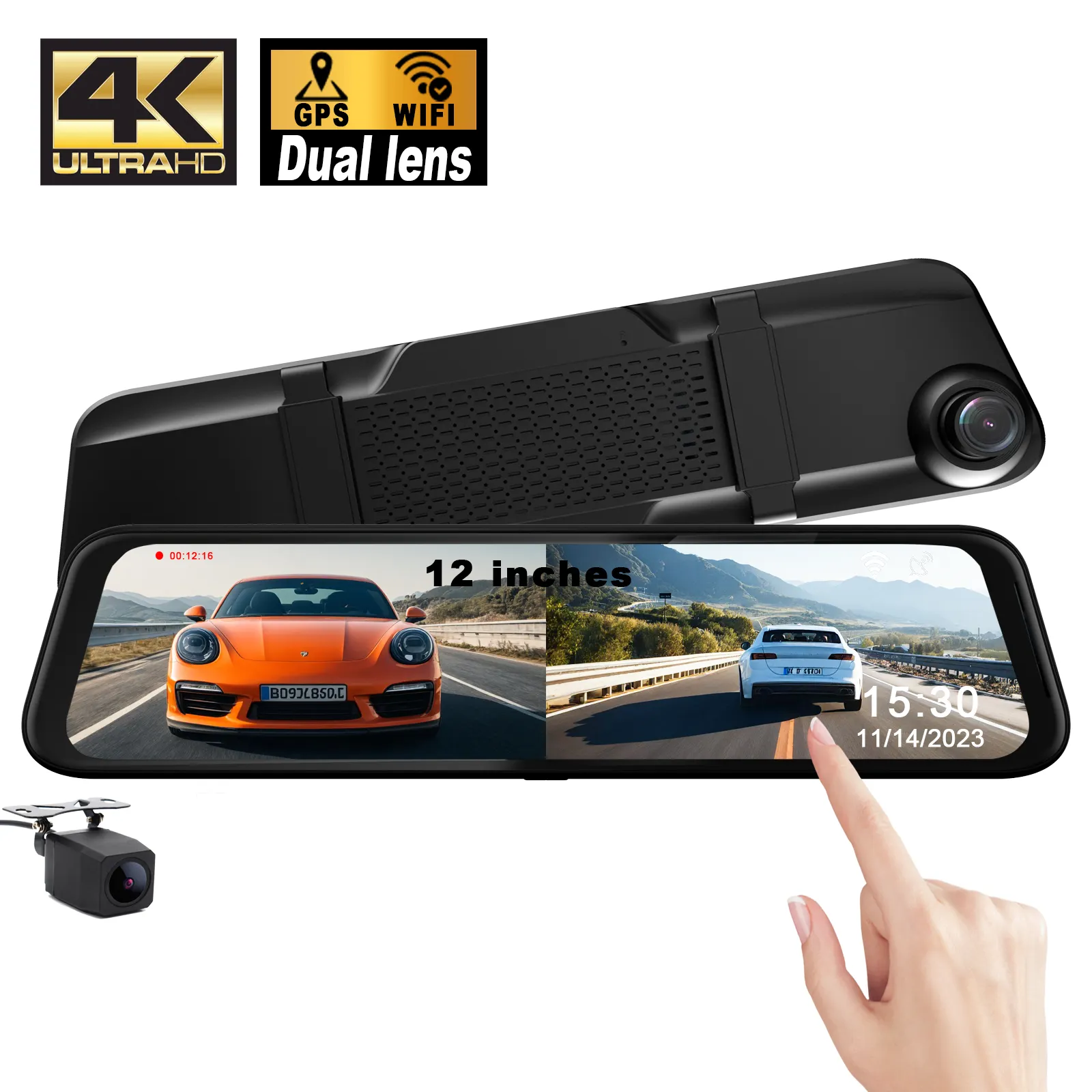 12 inch gương gương chiếu hậu 4K WIFI GPS Dash Cam phía trước và phía sau 4k Dashcam Xe DVR ống kính kép HD tầm nhìn ban đêm 4k Dash máy ảnh