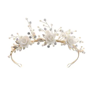 Hiasan kepala bunga keramik kristal buatan tangan elegan Aksesori mahkota rambut mahkota pengantin anggur dan Tiara