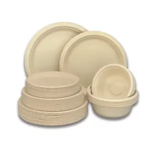 Utensílios de mesa descartáveis de fibra de cana-de-açúcar biodegradável para festas, utensílios de mesa redondos descartáveis de bagaço