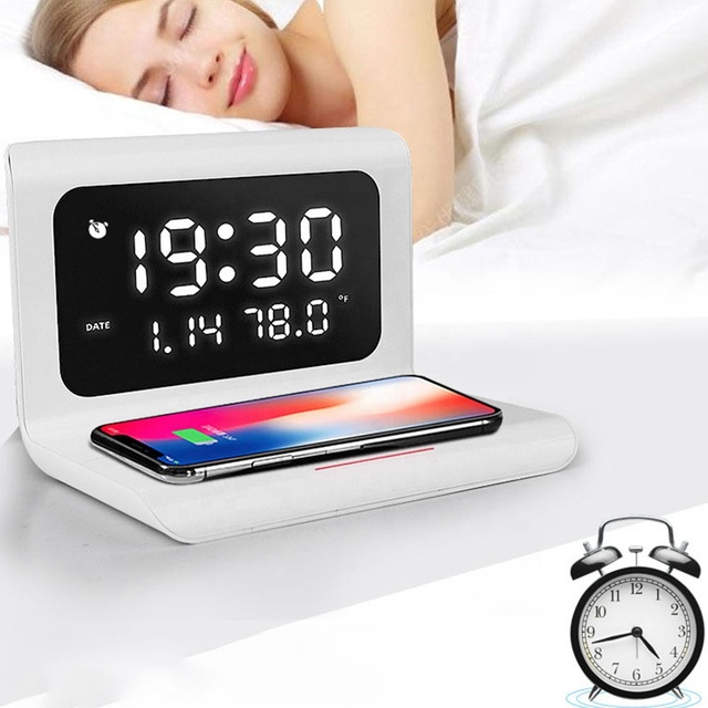 New LED Electric Alarm Clock With Phone Charger Qi Wireless Desktop Digital Thermometer Clock Mirror With Time Memory
