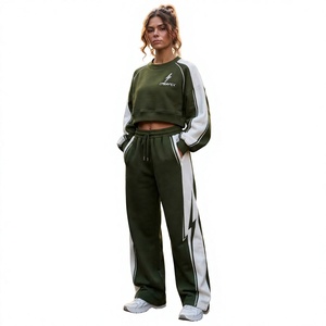 Women's Olive Green <b>White</b> Color Block <b>Cropped</b> <b>Sweatshirt</b> Wide Leg Tracksuit Set Casual Streetwear Sportswear Custom Private - Product Image 1
