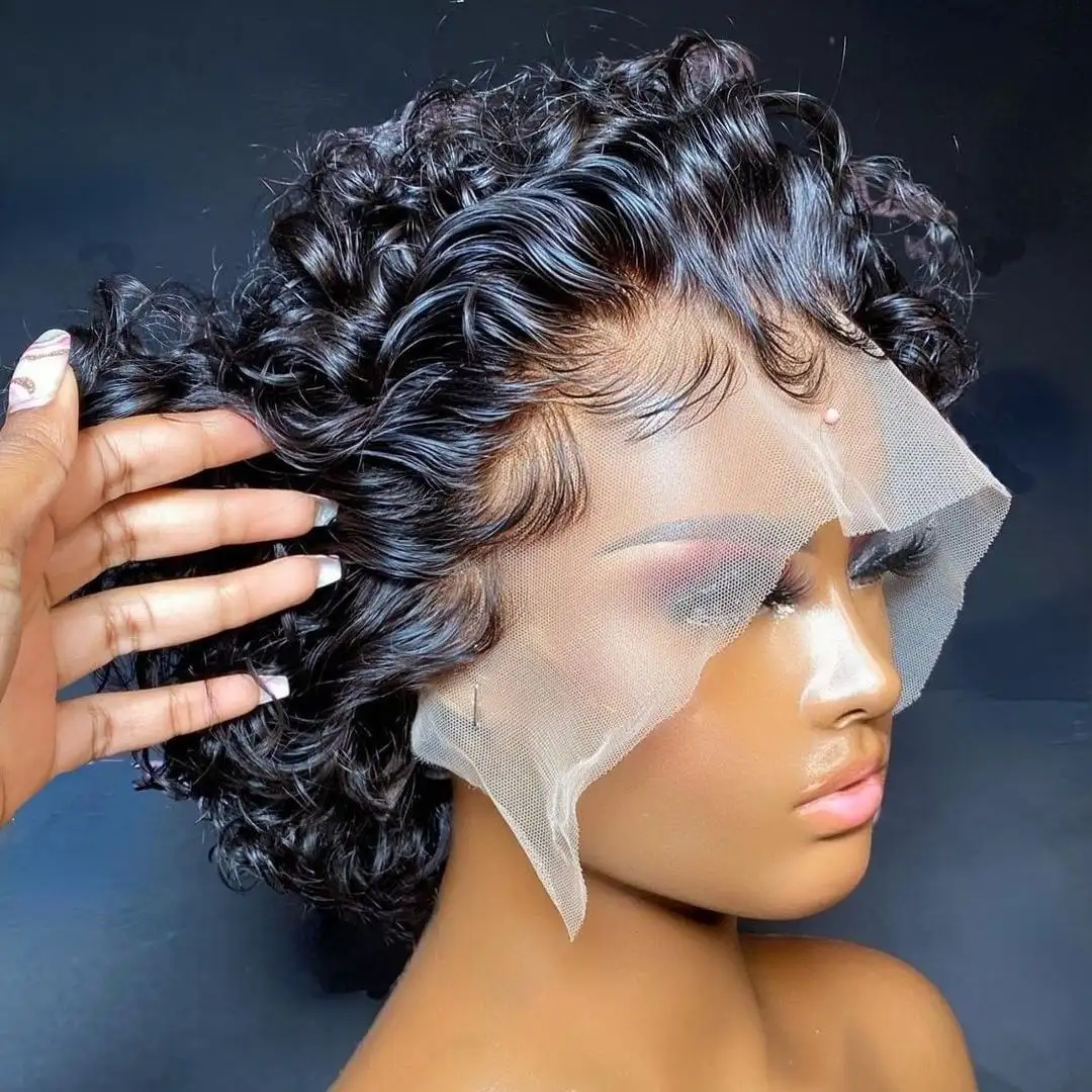 13x4 Pixie Curls Wig Pre Plucked With Baby Hair,Brazilian Short Pixie Wig,Glueless Lace Frontal Pixie Cut Human Hair Wigs