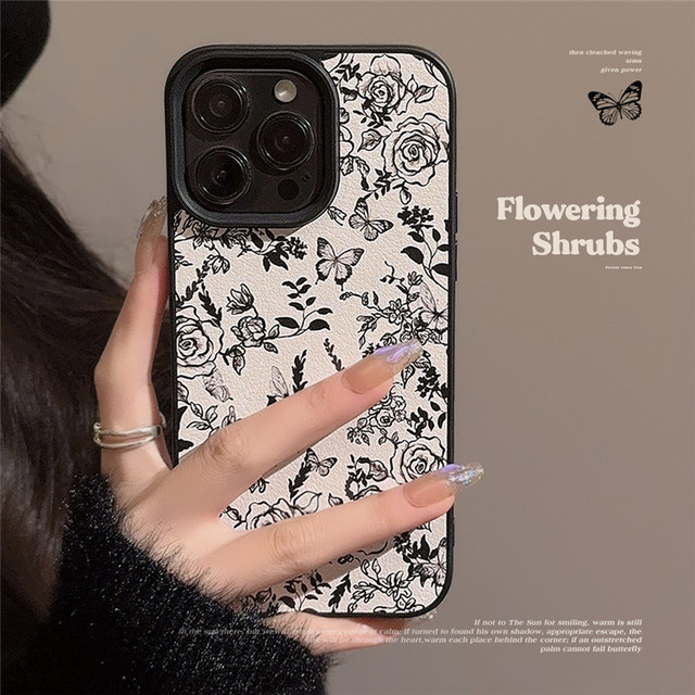 INS Vintage Rose Flower Butterfly Leather Phone Case for iPhone 16 Pro Max 15Plus 13 14 Pro 11 12 Lens Protective Silicone Cover