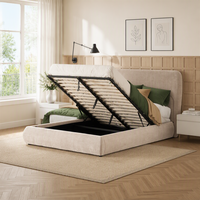 Lit de rangement Queen haut de gamme en tissu rembourré avec vérin à gaz et tête de lit capitonnée extra large pour chambre à coucher