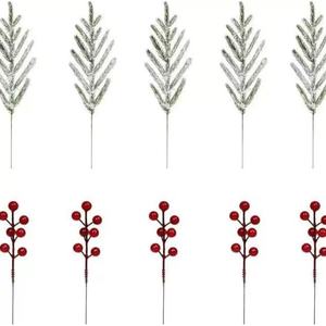 Branches de pin artificielles floquées vertes avec baies rouges, bouquet décoratif de Noël - Product Image 5