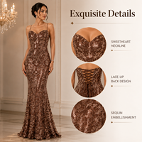Robe de soirée sirène marron à sequins pour femme, avec corset cœur, dos lacé, bretelles spaghetti – Collection Boutique Gala et Bal de Promo