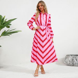 Abito chemisier a maniche lunghe con motivo a righe colorate di alta qualità, abito lungo casual a trapezio con collo a revers e allacciatura. - Product Image 3