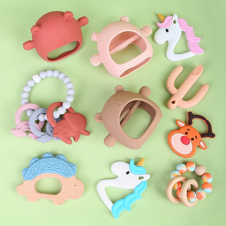 Benutzer definierte Großhandel Hersteller Silikon Zahnen Silikons pielzeug Regenbogen Holzring Spielzeug Silikon Baby Beißring