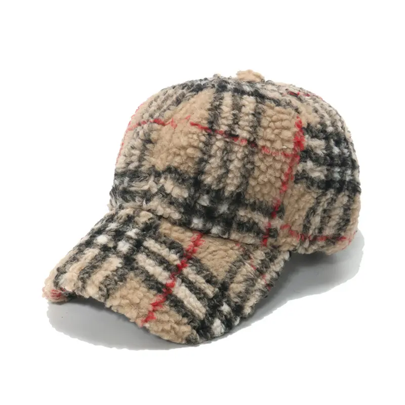 도매 양고기 양모 남성과 여성을위한 빈티지 따뜻한 겨울 곡선 챙 모자 복고풍 클래식 체크 무늬 야구 모자