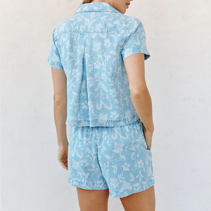 New Summer Beach Retro Washed Button-Down Shirt and Shorts <b>Set</b> Custom Floral Denim Women's <b>Set</b> - Product Image 4